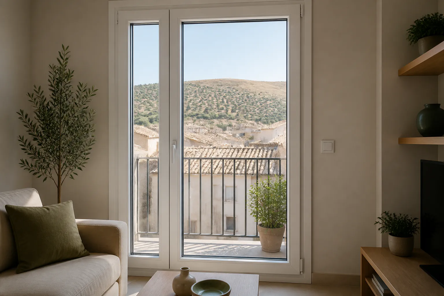 Puerta balconera de PVC hacia una terraza en Jaén