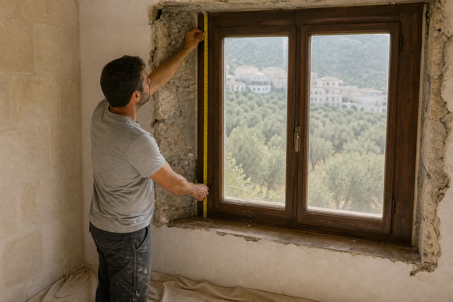 Técnico midiendo un hueco de ventana en una vivienda de Jaén